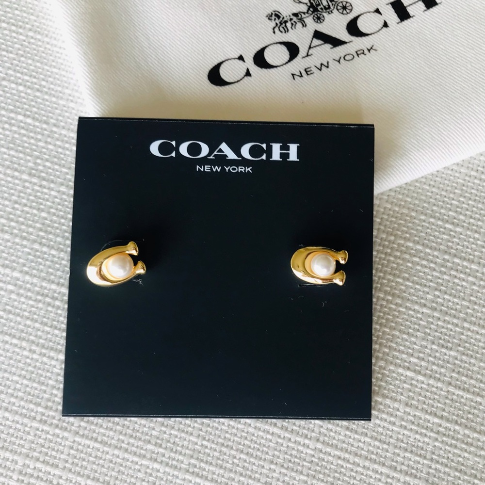 Coach Faux Pearl Gold C Stud Earrings, NWT - Picture 4 of 14